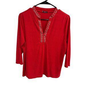 Storybuk 3/4 Sleeve Blouse Red Sz Medium Petite Embellished V-Neck Popover